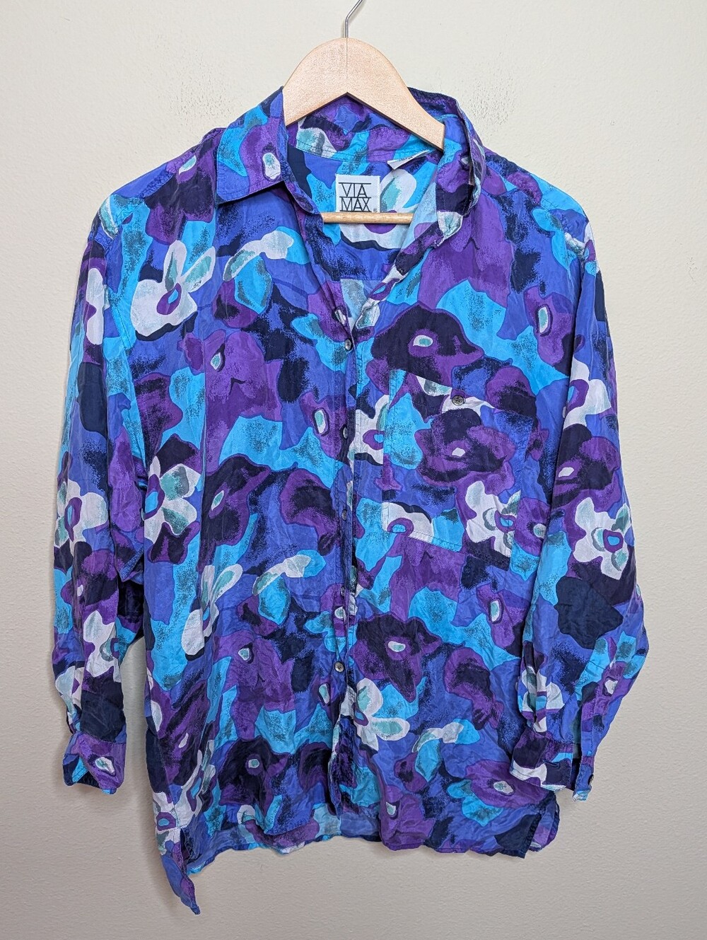 Vintage 90s Via Max 100% Silk Button Up Shirt Abstract Floral Purple Blue Teal M